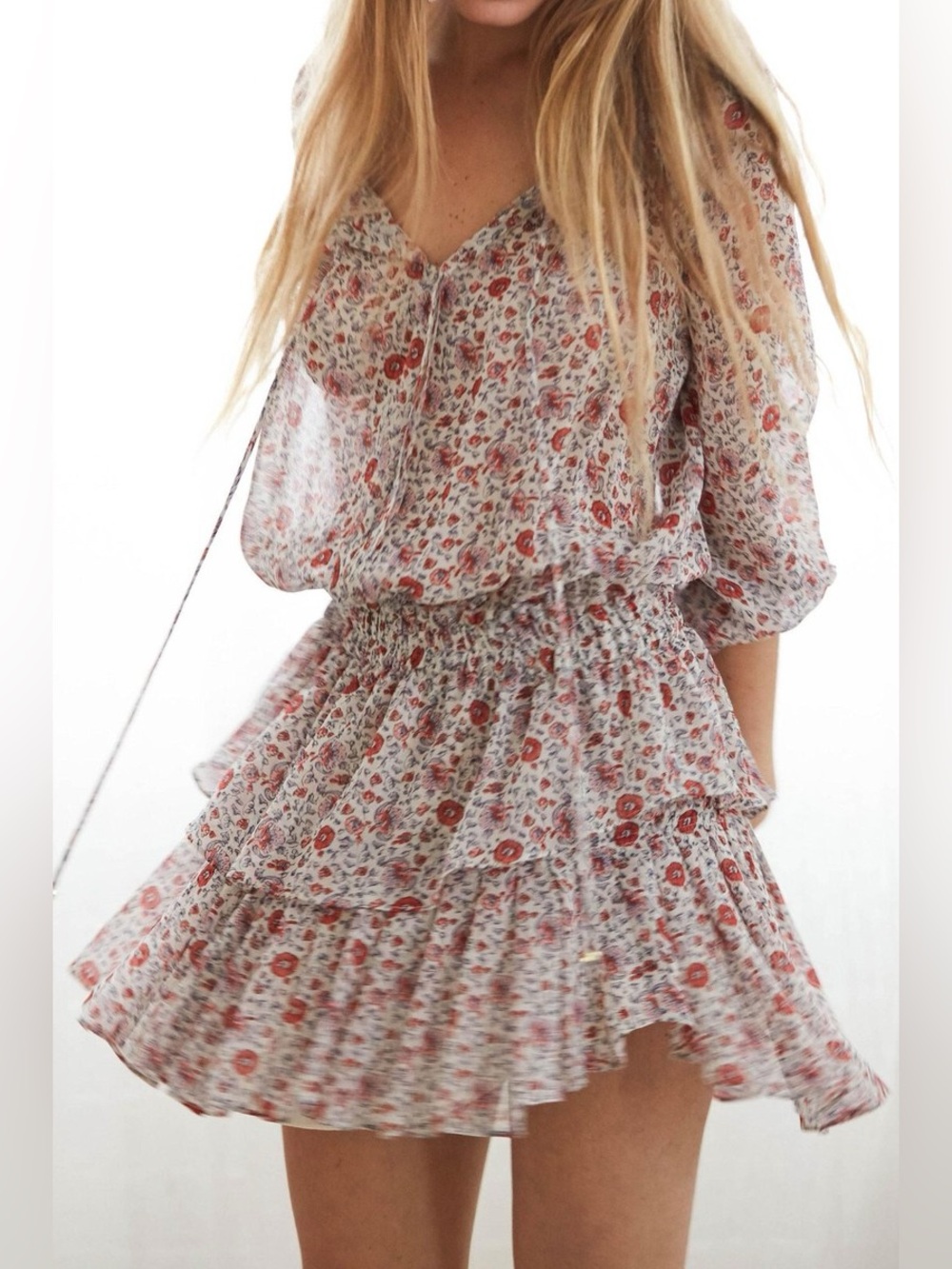 LoveShackFancy Granada Floral Popover Silk Dress - Sunrise Red